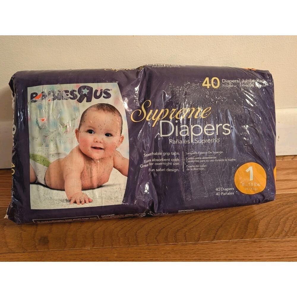 Sealed Pack 40 Vintage Huggies Babies R Us Supreme Diapers Safari Theme Size 1
